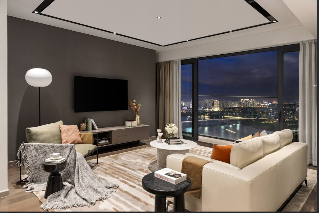 Living room with million-dollar view overlooking the Saigon River.
